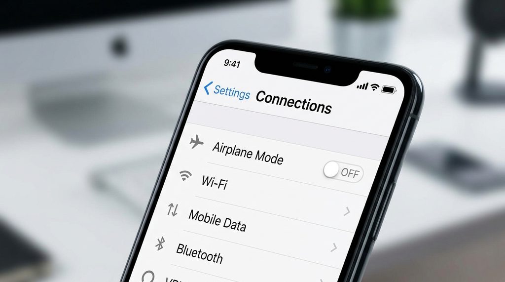 智能手机网络设置菜单，显示信号强度图标与飞行模式开关，界面高清简洁