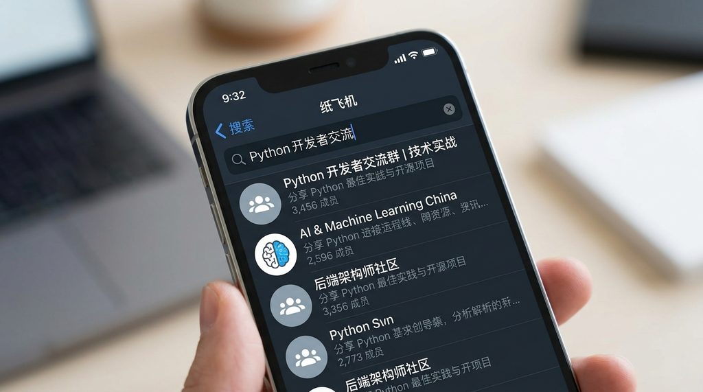 纸飞机软件搜索界面的特写，搜索框内输入了具体的行业关键词，下方显示出多个相关的群组列表