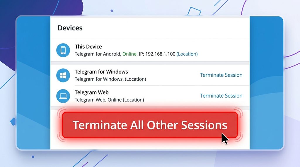 纸飞机设置菜单中设备管理页面的截图，突出显示“终止所有其他会话”的红色按钮