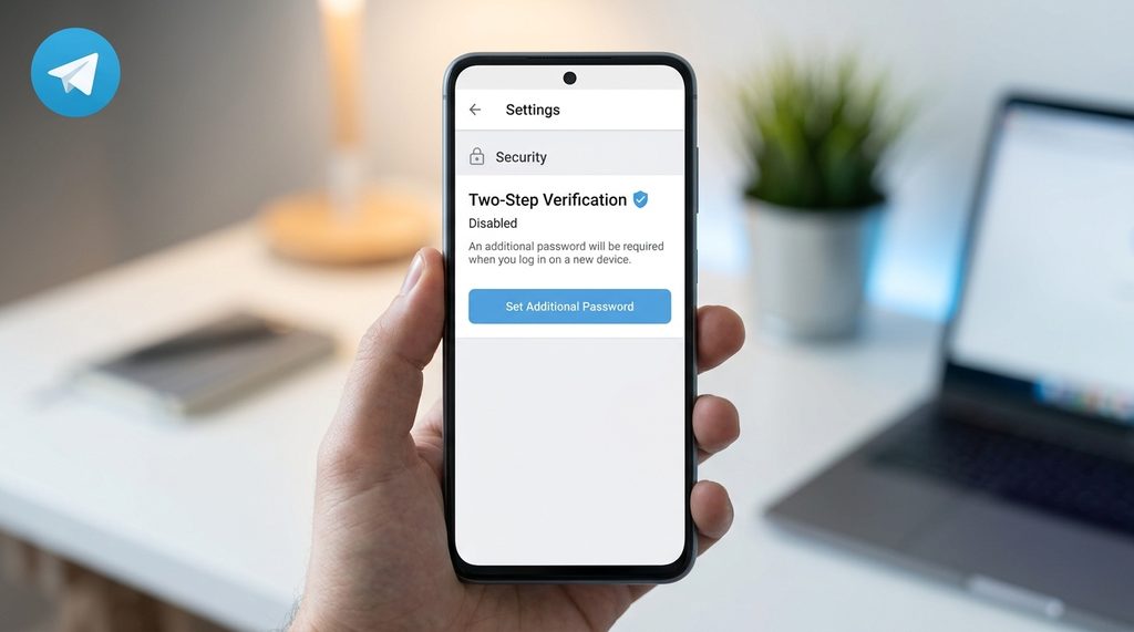 一部智能手机屏幕展示纸飞机设置界面中双重验证（Two-Step Verification）的开启选项