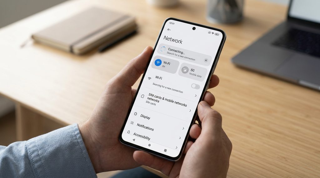 一位用户在手机设置界面检查网络连接状态，屏幕显示正在切换 Wi-Fi 与移动数据
