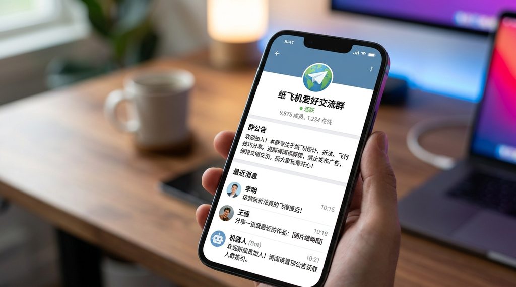 手机屏幕显示纸飞机群组详情页，页面展示了成员人数、群公告以及近期活跃的消息内容