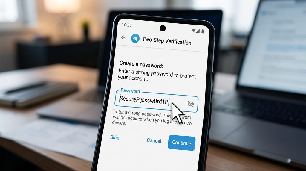 手机屏幕显示两步验证设置界面的特写，光标悬停在设置密码的输入框上