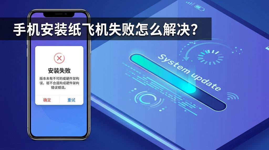 手机屏幕显示应用安装失败的报错弹窗,背景是一个正在进行系统更新加载进度的界面