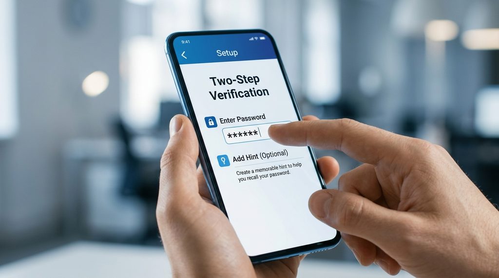 用户在手机上输入两步验证密码的特写，界面显示输入框和设置密码提示的选项