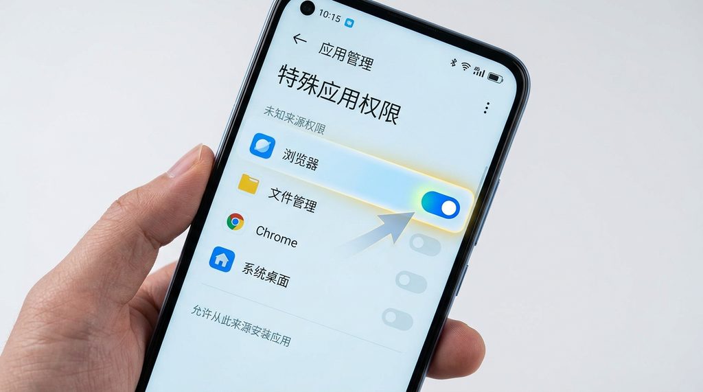 安卓手机系统设置界面，高亮显示“安装未知来源应用”的开启开关
