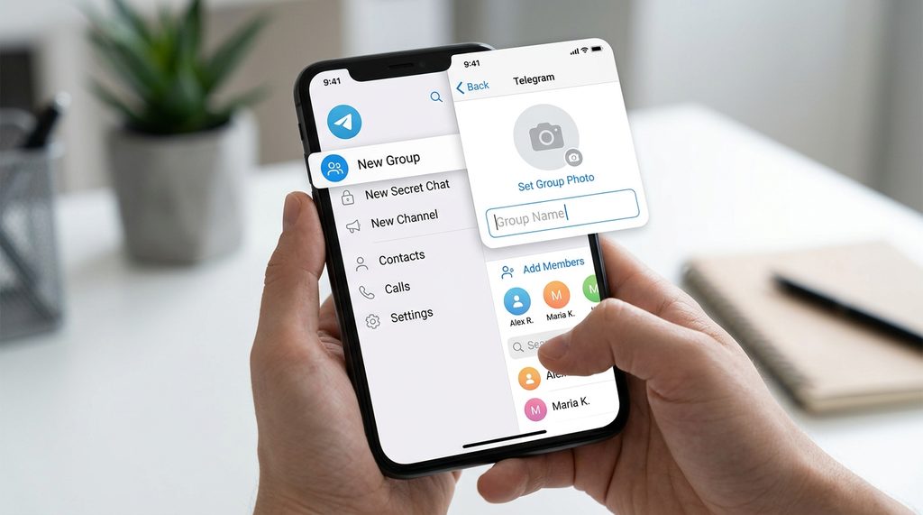 纸飞机App界面内，新建群组的选择菜单与基础信息设置界面，界面简洁直观