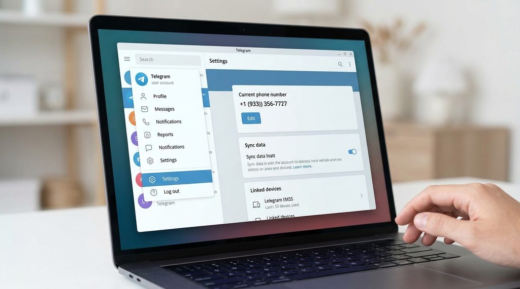 一台笔记本电脑屏幕显示纸飞机桌面版界面，侧边栏清晰展示设置选项，背景虚化，强调账号管理区域