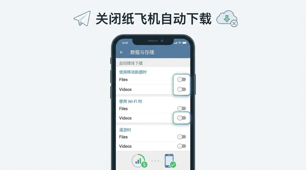 智能手机屏幕展示纸飞机的数据与存储设置页面,高亮显示自动下载关闭开关的示意图,简洁扁平风格