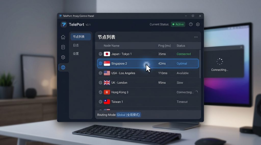 一张展示代理软件节点列表，鼠标点击切换节点的简洁操作界面，UI风格现代