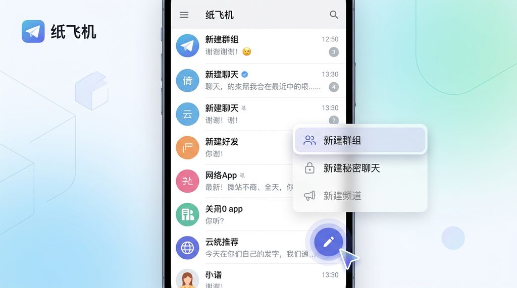 手机端纸飞机应用界面，点击右下角编辑图标后弹出新建群组选项的截屏，简洁清晰风格
