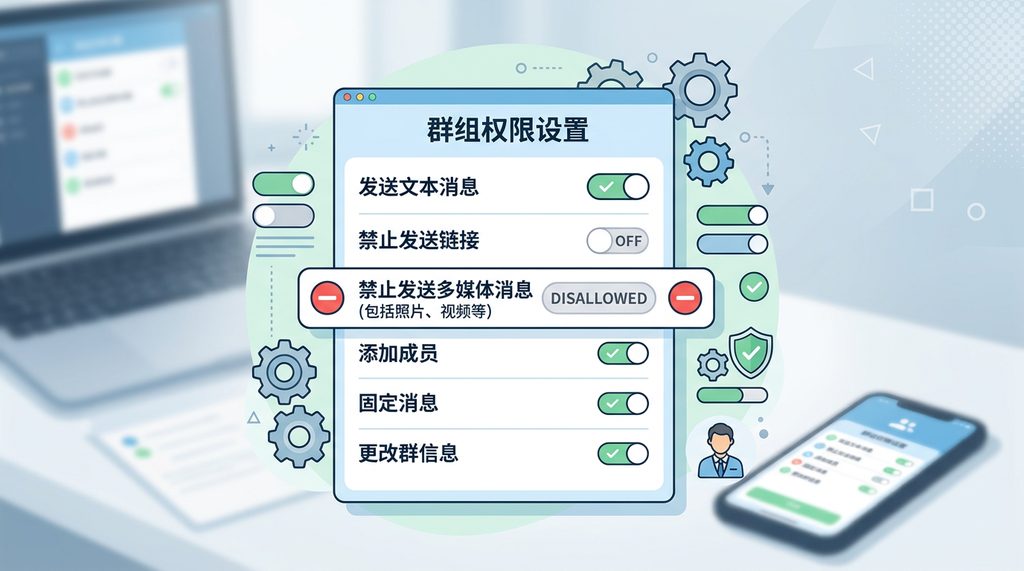 纸飞机群权限设置面板，勾选了禁止发送链接和媒体消息的开关，显示详细的权限自定义选项