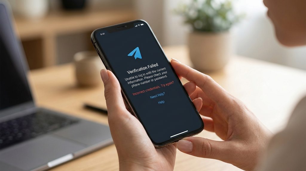 手机屏幕显示纸飞机账号登录验证失败的界面，下方带有蓝色字体Help选项，光线柔和，表现出用户在操作时