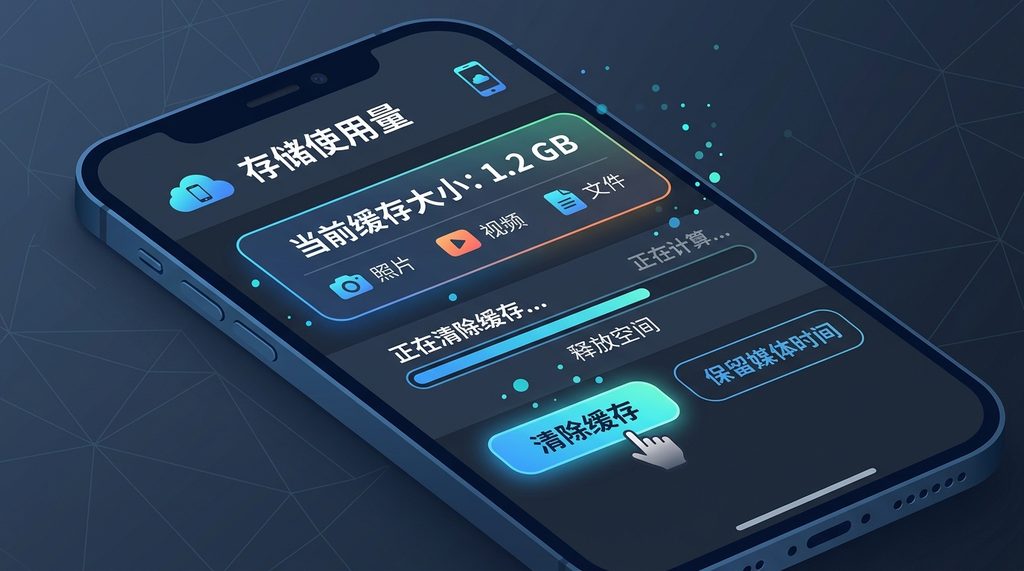 手机存储空间管理页面,展示缓存清理进度条,图标清晰明了,深色模式风格