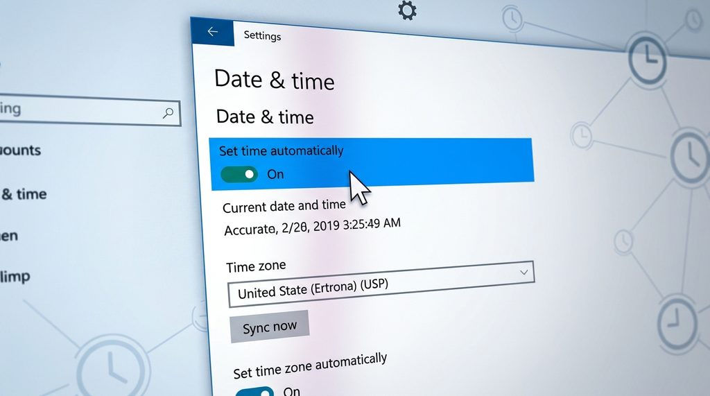 电脑系统设置面板，鼠标正在校准系统时间，界面清晰，突出显示“自动设置时间”选项