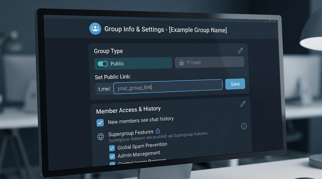 纸飞机群组后台管理界面，展示群组隐私设置与公开链接生成的详细选项，深色模式风格