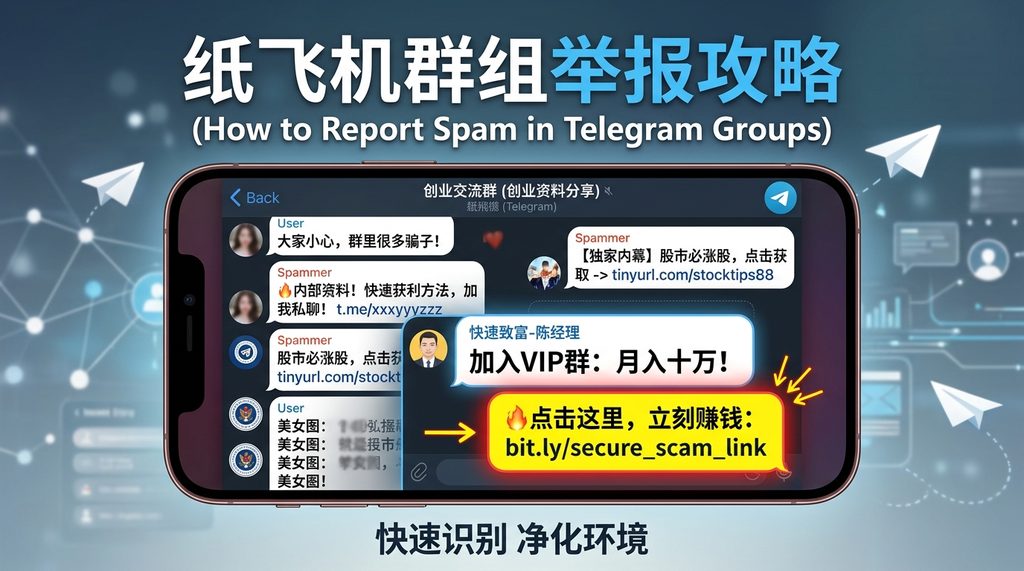 一个手机界面截图,显示纸飞机群组内充斥着带有诱导性文字的垃圾广告弹窗,重点标注了不可信的外部短链接