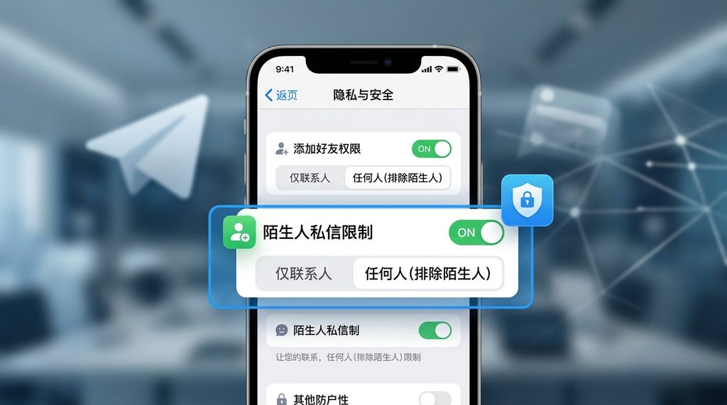 纸飞机软件隐私设置页面截图,展示了限制陌生人添加好友和发送信息的安全选项