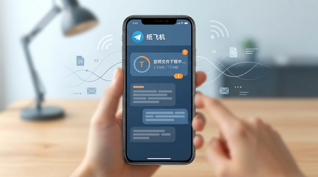 一部智能手机界面,屏幕显示纸飞机软件中正在下载音频文件的加载进度圆圈,旁边有文件大小显示