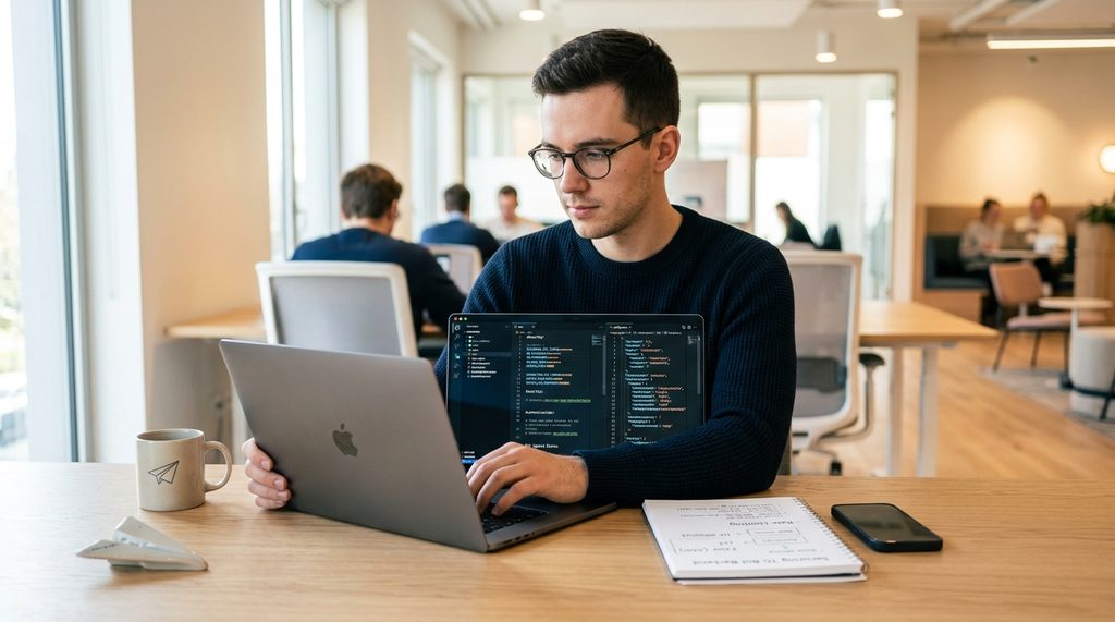 程序员在笔记本电脑上检查后端代码配置文件的场景，光线明亮，桌面简洁