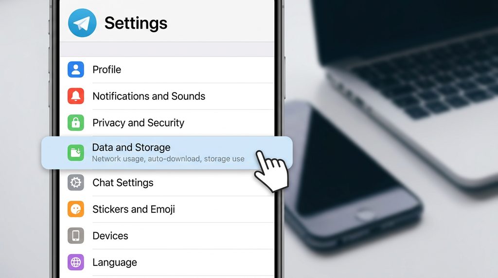 展示纸飞机App设置菜单,光标点击“数据与存储”选项的界面截图,风格简洁清晰