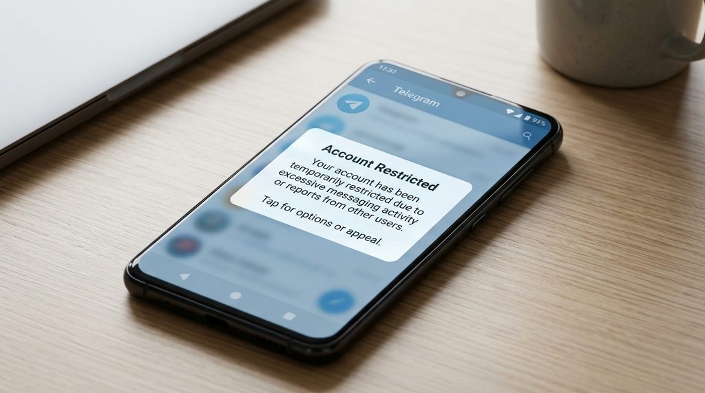 一部智能手机显示纸飞机应用弹出账号受限的警告通知,背景简洁,光线明亮