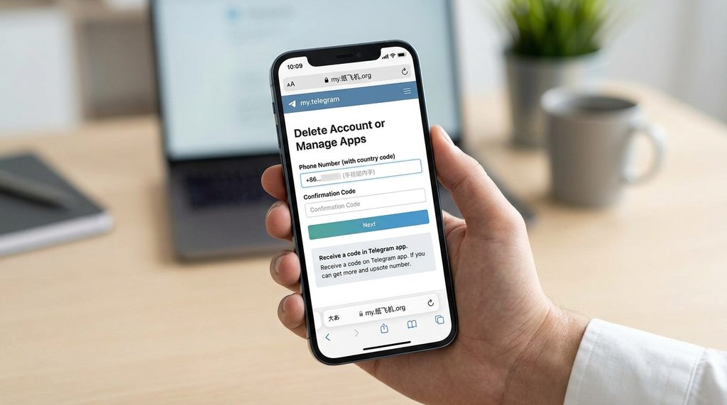 手机浏览器访问纸飞机官方注销页面,显示输入手机号与验证码的输入框,界面简洁现代