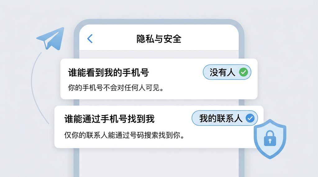 纸飞机设置菜单中“隐私与安全”页面的手机号权限设置选项，UI界面简洁，突出展示“谁能看到我的手机号”