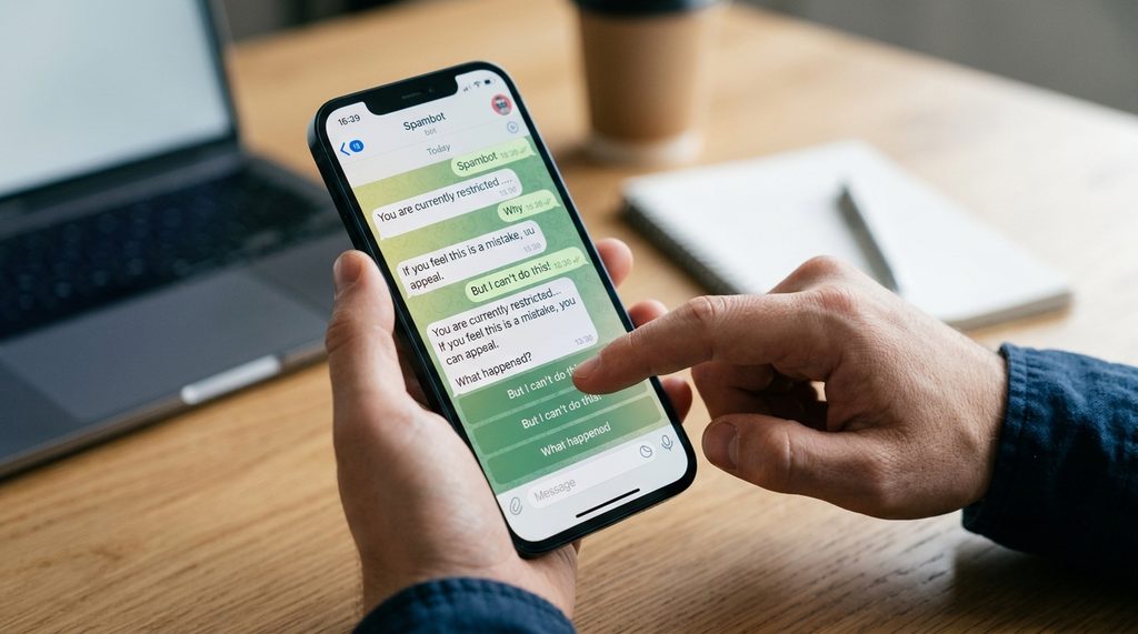 用户在手机上操作纸飞机机器人申诉界面的特写,手指正点击屏幕按钮