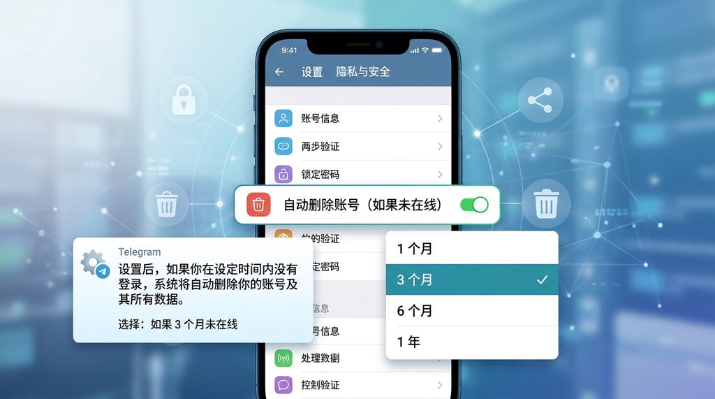 纸飞机软件设置界面,展示隐私与安全选项中自动删除账号的时间设置菜单,高亮选中选项