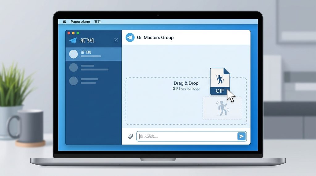 一张现代感十足的桌面端纸飞机聊天界面，鼠标正在将一个GIF图标文件拖拽进入对话窗口，简洁明快