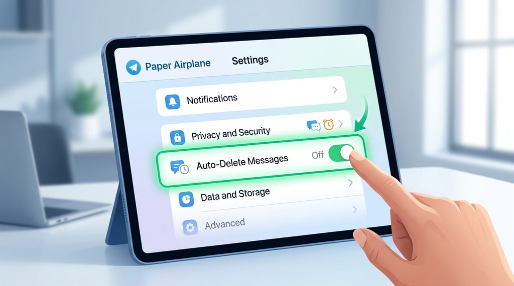 纸飞机应用程序设置页面，高亮显示“自动删除”功能的开关选项，界面简洁明了