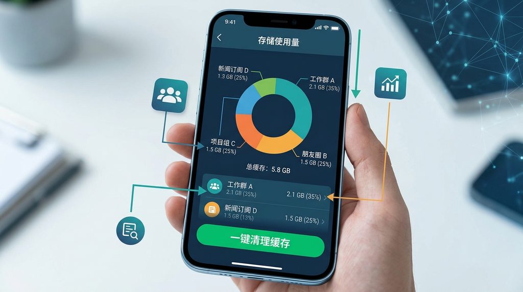 手机设置界面中显示“存储使用量”的分析图表，展示了不同聊天群组占用的缓存数据比例