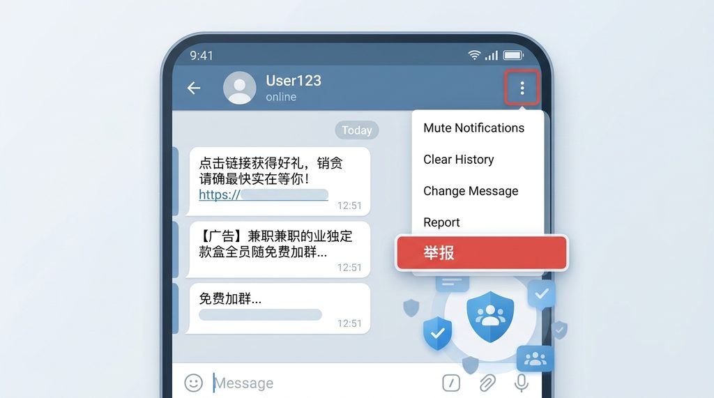 纸飞机聊天界面菜单栏,红色举报按钮高亮显示,简洁UI风格