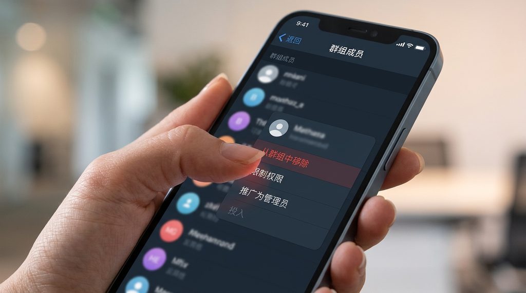 手机屏幕截图,展示纸飞机群组成员列表界面,手指点击“从群组中移除”菜单选项的特写