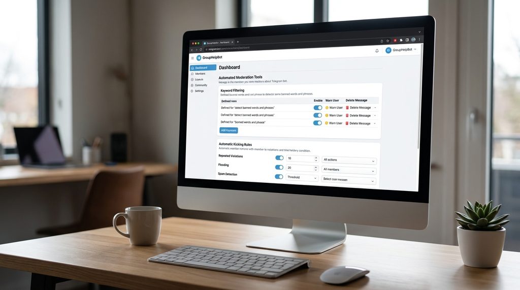 电脑显示器展示纸飞机机器人设置后台,界面清晰显示关键词过滤和自动踢人设置选项